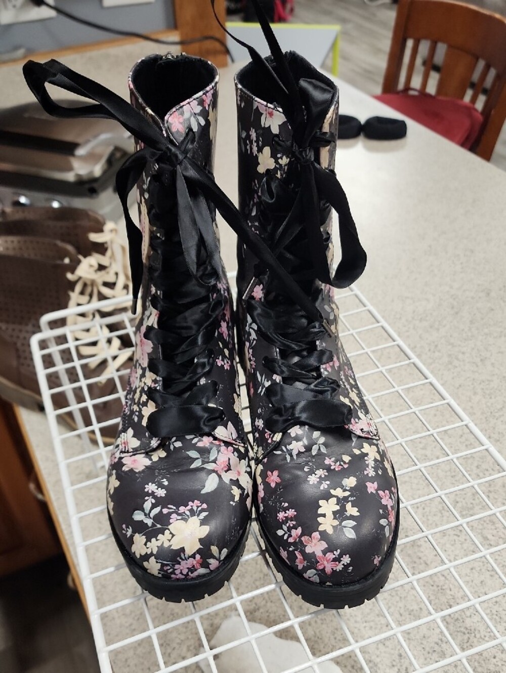 Floral Lace-Up Combat Boots - Black/Pink - Picture 2 of 5